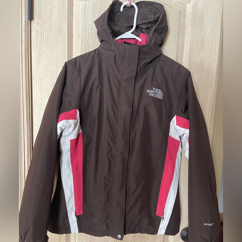 The North Face Women Snow Jacket Medium Chocolate Brown, Pink & White